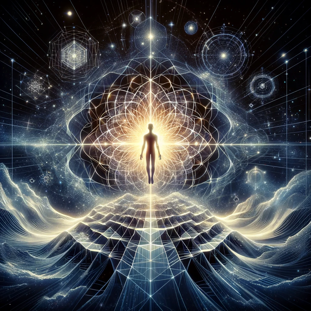 String Time Crystal » Time Crystal News @ String Time Crystal » DALL·E 2024 03 16 22.44.51 Illustrate the concept of human consciousness extending beyond the physical realm into a higher fourth dimension of space as discussed in James E. B