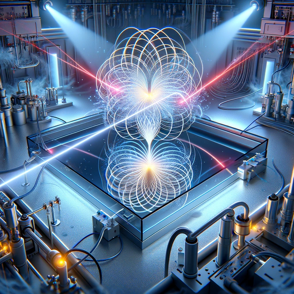 String Time Crystal » Time Crystal News @ String Time Crystal » DALL·E 2024 03 16 23.05.25 Illustrate the groundbreaking experiment demonstrating all optical dissipative discrete time crystals within a Kerr nonlinear optical microcavity. Vis