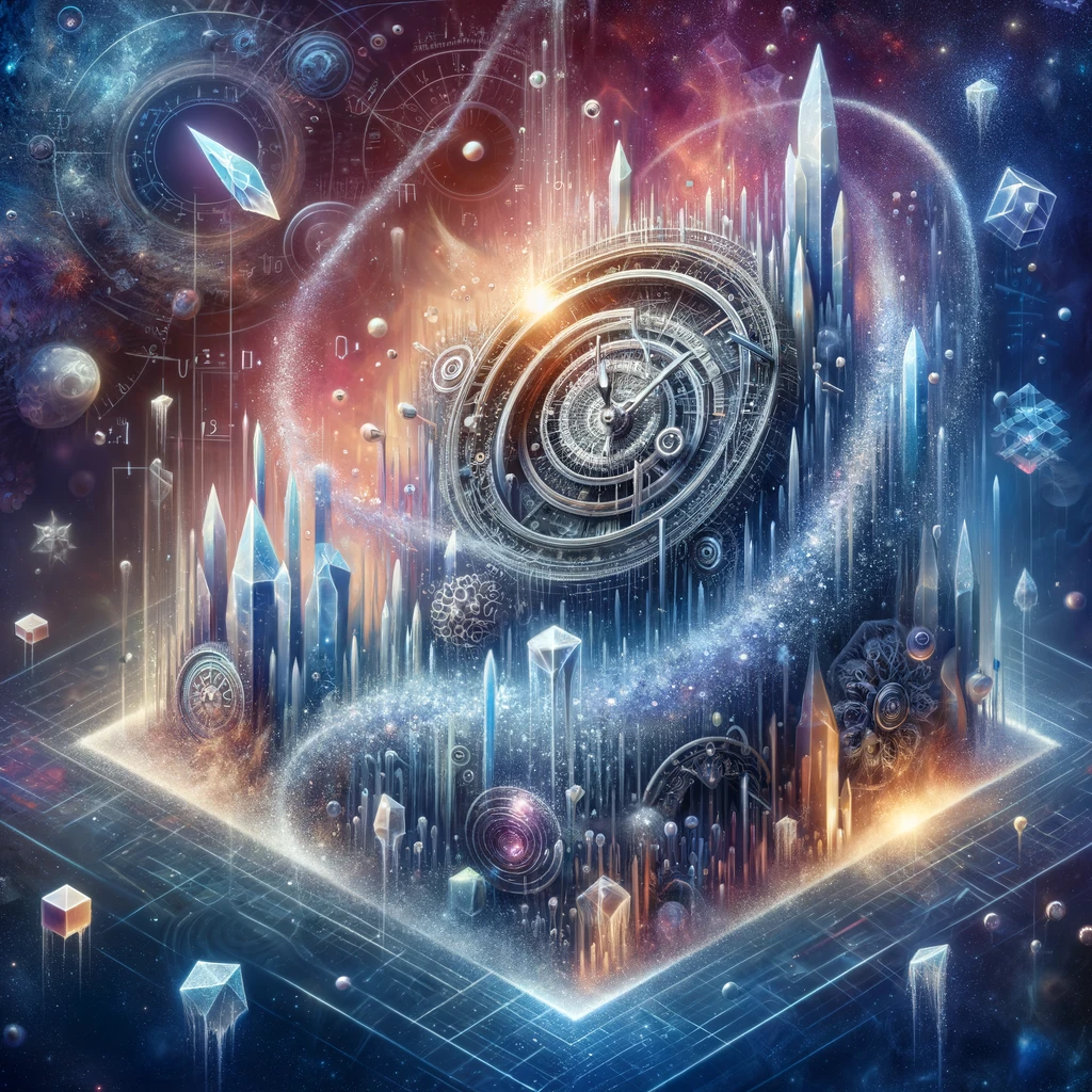 String Time Crystal » Time Crystal News @ String Time Crystal » DALL·E 2024 03 16 23.19.47 Create a visually compelling illustration that captures the essence of time crystals a groundbreaking phase of matter that cycles between states